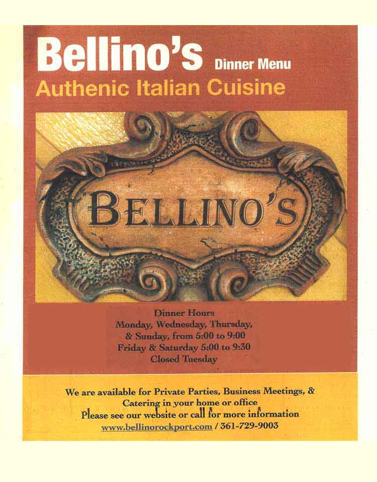 Bellinos Italian Restaurant Menu Rockport Fulton