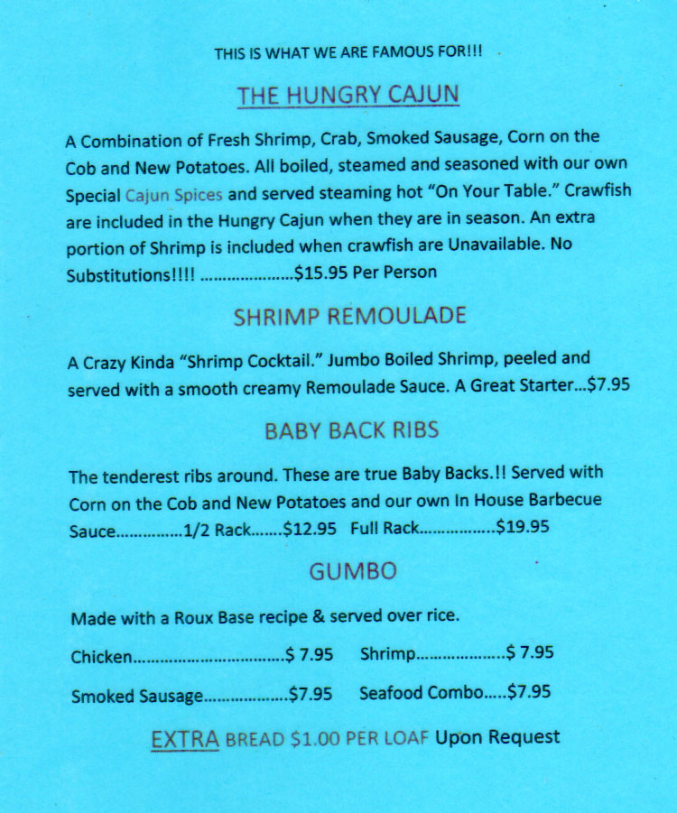 Crazy Cajun Seafood Restaurant Menu in Port Aransas, Texas.