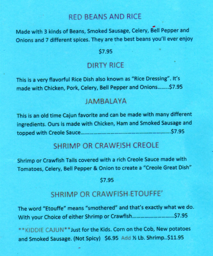 Crazy Cajun Seafood Restaurant Menu in Port Aransas, Texas.