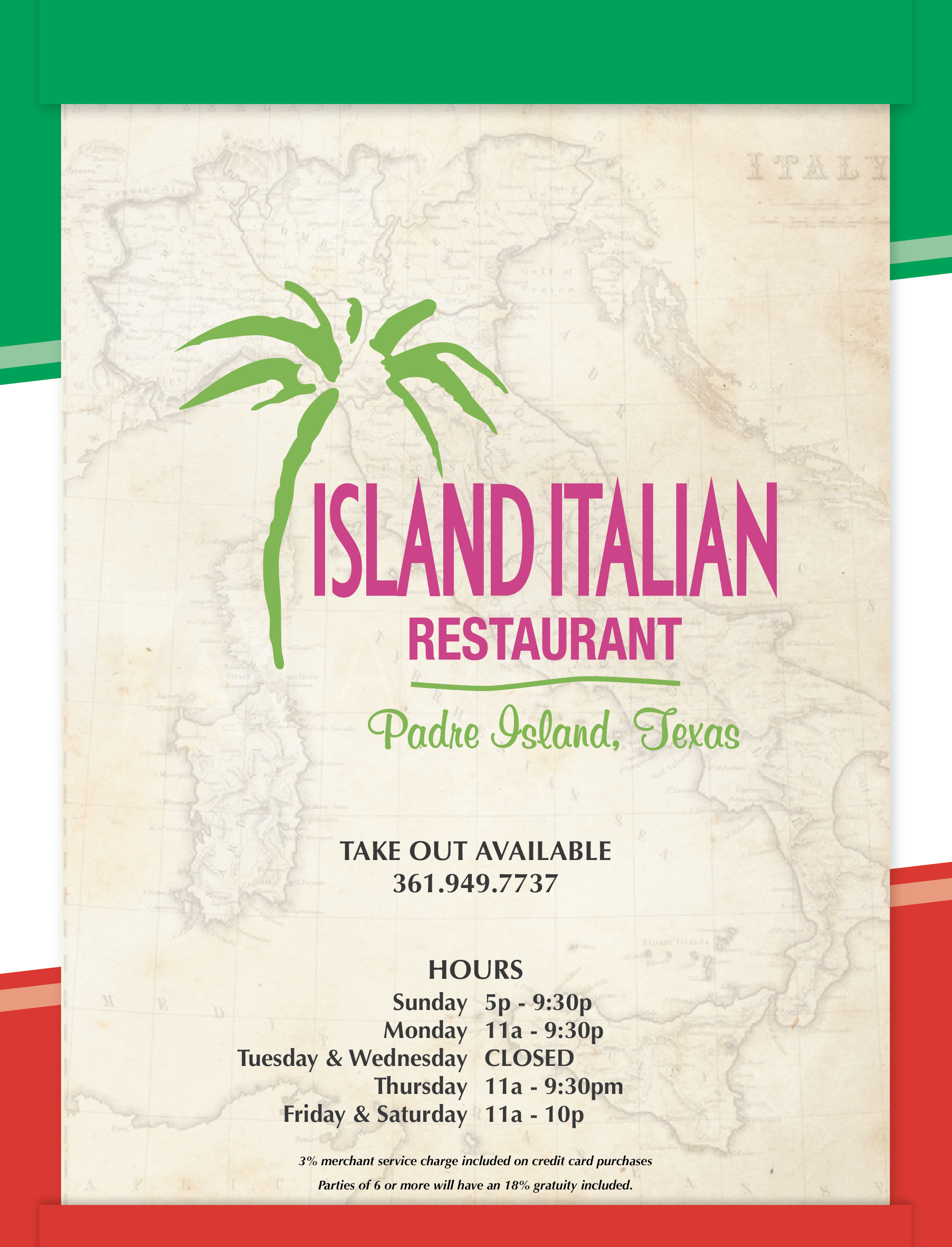 Island Italian Restaurant Dinner Menu in Corpus Christi, Texas.