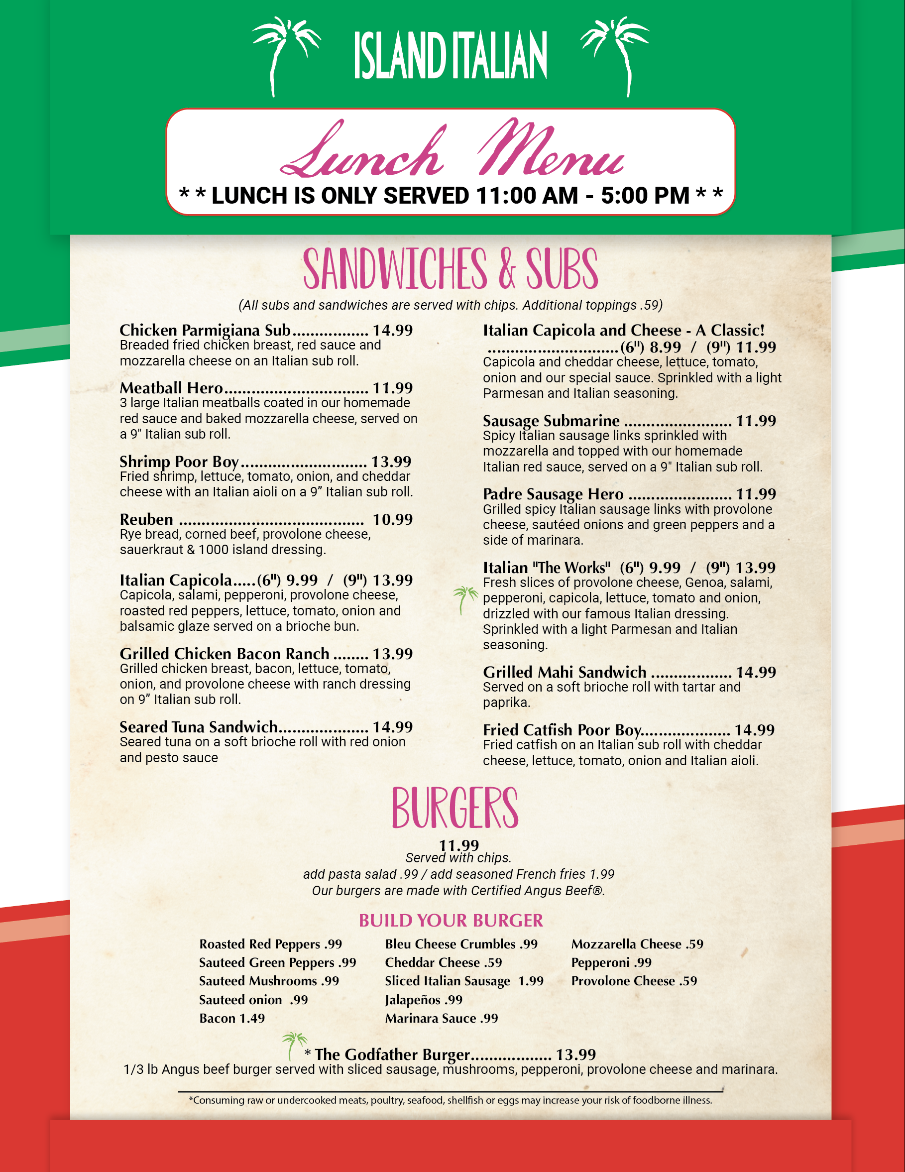 Island Italian Restaurant Dinner Menu in Corpus Christi, Texas.