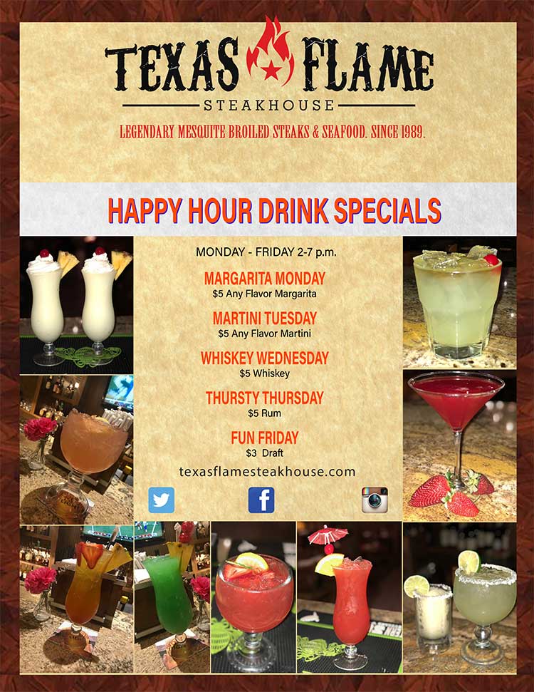 Drink specials at Texas Flame Steakhouse in Corpus Christi, Texas.
