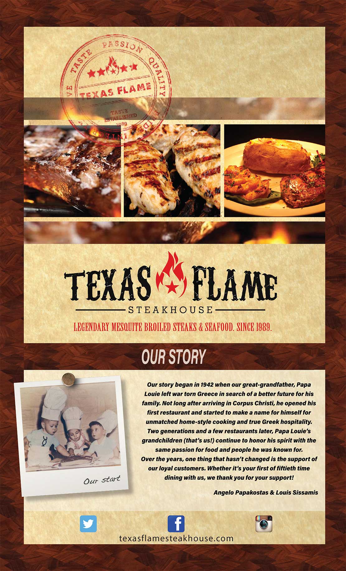 Texas Flame Steakhouse Restaurant Menu in Corpus Christi, Texas.