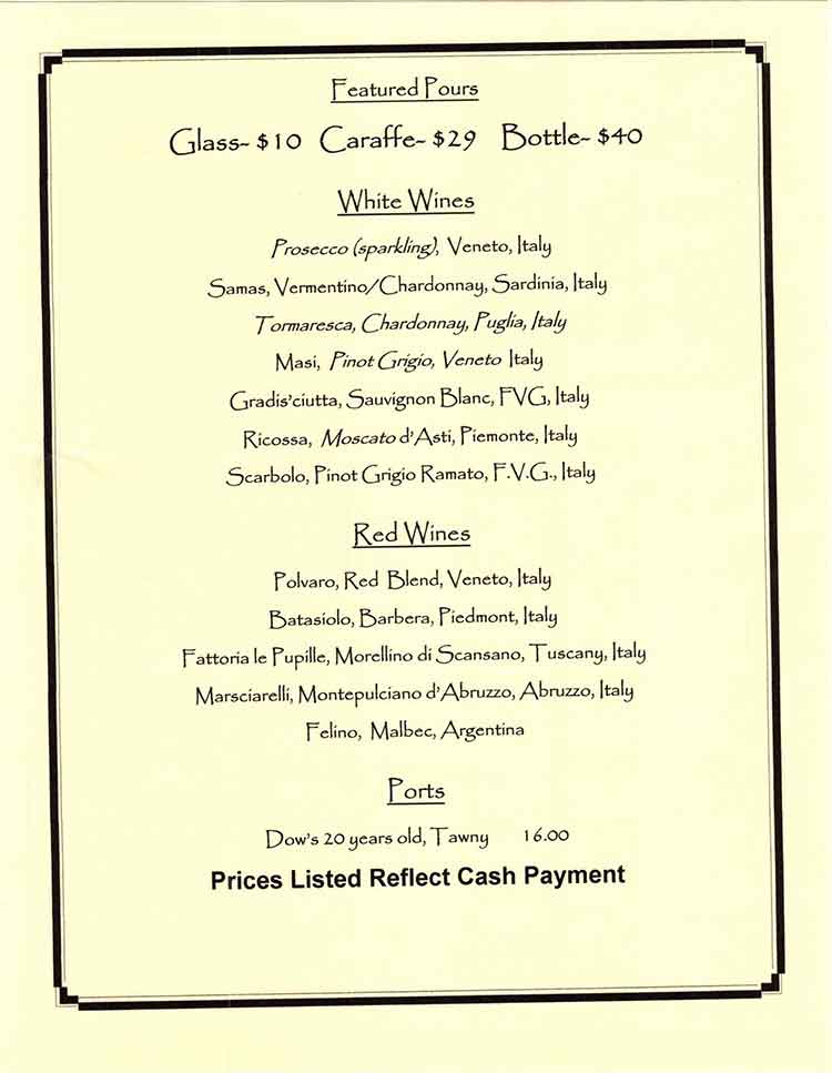 Venetian Hot Plate Restaurant Wine Menu in Port Aransas, Texas.