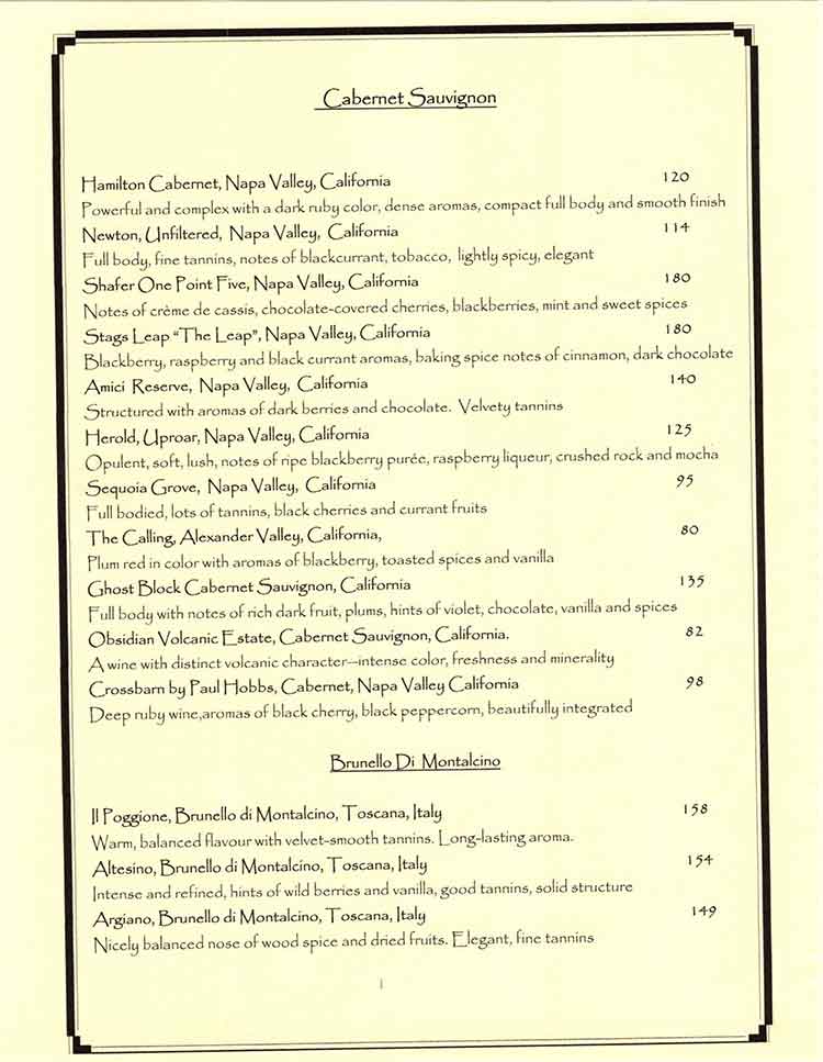 Venetian Hot Plate Restaurant Wine Menu in Port Aransas, Texas.