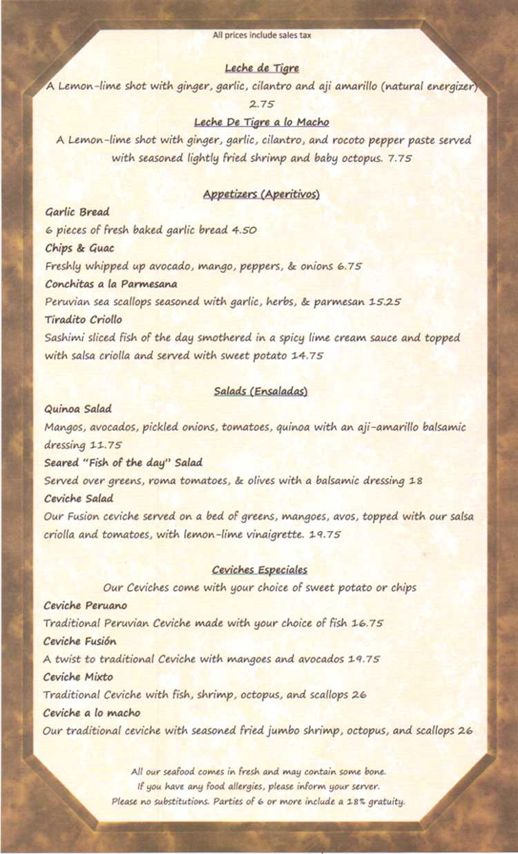 Costa Sur Wok & Ceviche Bar Restaurant Menu in Corpus Christi, TX.